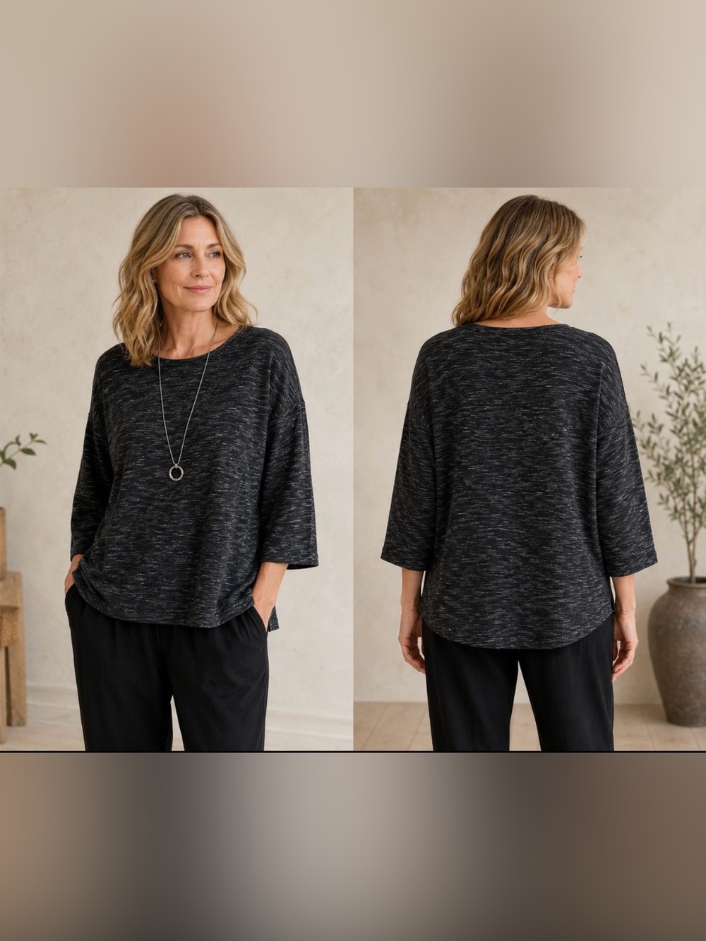 J. Jill Pure Jill XS Black Gray Marled Knit Top 3/4 Sleeve Boxy Relaxed